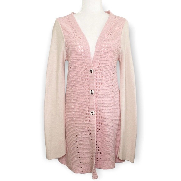 Free People Pinwheel Cardigan Lace Back Long Pink Wool Button Sweater Medium - Picture 5 of 11